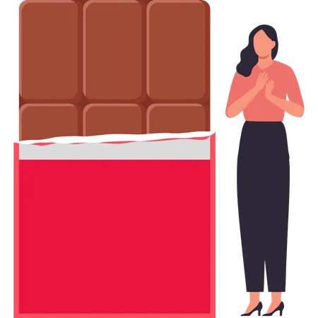 Girl is standing next to the chocolate bar  Illustration
