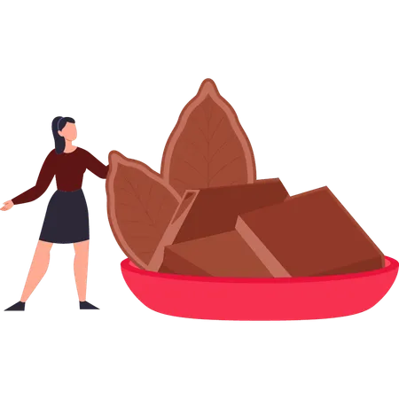 Girl is standing next to the chocolate tray  Illustration