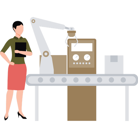 Girl is standing next to the conveyor machine  Illustration