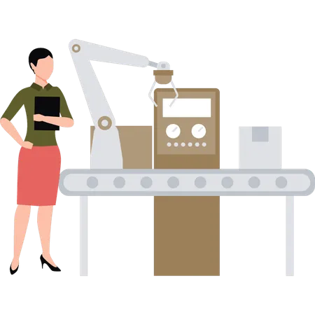 Girl is standing next to the conveyor machine  Illustration