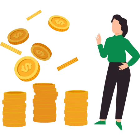 The Girl Is Standing Next To The Dollar Coins Illustration