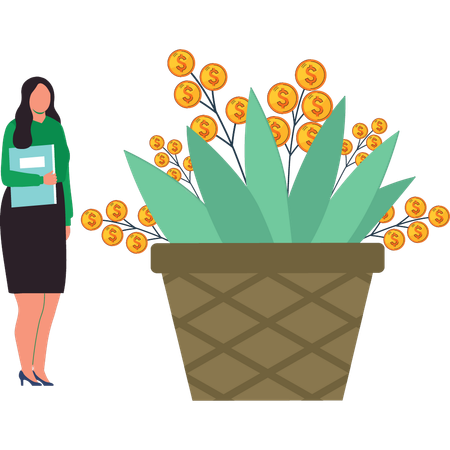 Girl is standing next to the dollar plant  Illustration