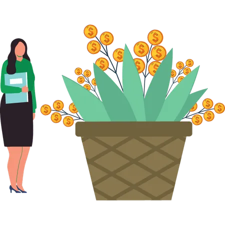 Girl is standing next to the dollar plant  Illustration