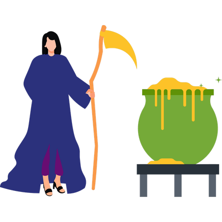 Girl is standing next to the Halloween cauldron  Illustration