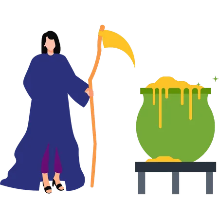 The Girl Is Standing Next To The Halloween Cauldron Illustration