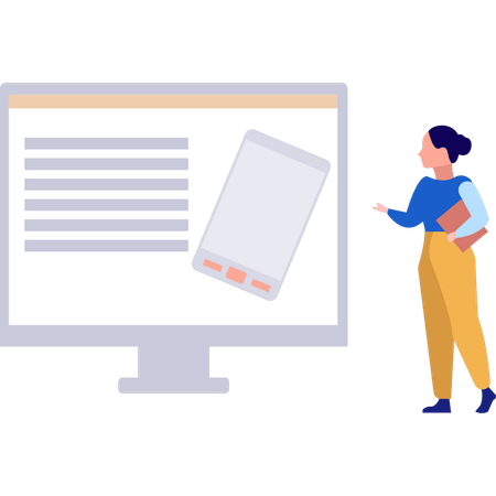 Girl is standing next to the monitor  Illustration