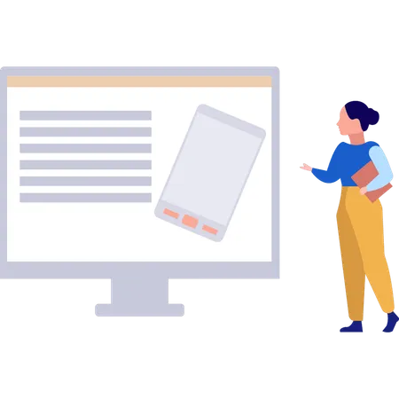Girl is standing next to the monitor  Illustration