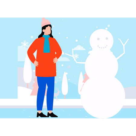 Girl is standing next to the snowman  일러스트레이션