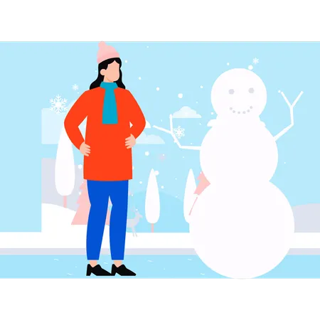 Girl Is Standing Next To The Snowman Illustration