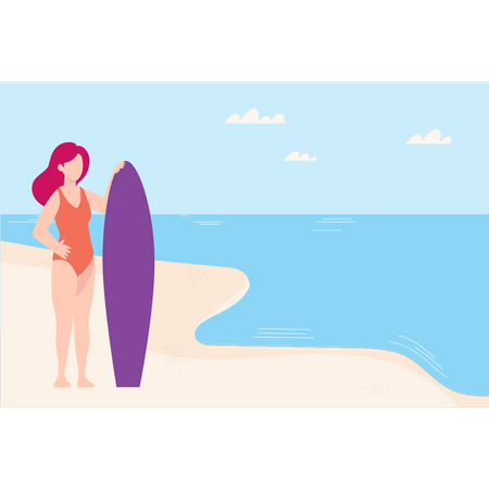 Girl is standing with surf board on beach Illustration