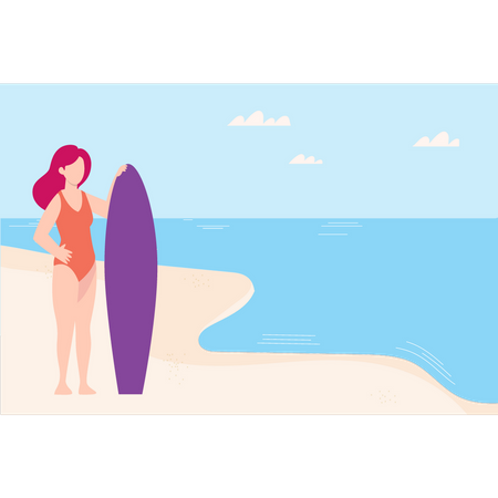 Girl is standing with surf board on beach  Illustration