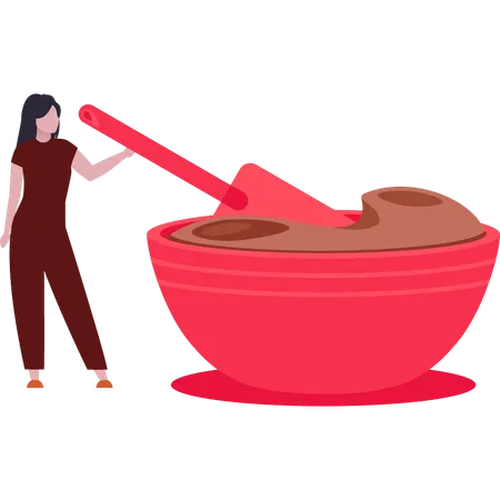 Girl is stirring the melted chocolate  일러스트레이션