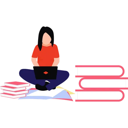 A Girl Is Studying On Laptop Illustration