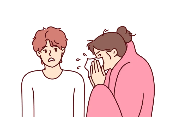 Sick Woman Sneezes Standing Near Guy Afraid Of Contracting Dangerous Flu Or Cold Sick Girl With Handkerchief Is Wrapped In Blanket And Needs Treatment And Antibiotics To Fight Infection Illustration