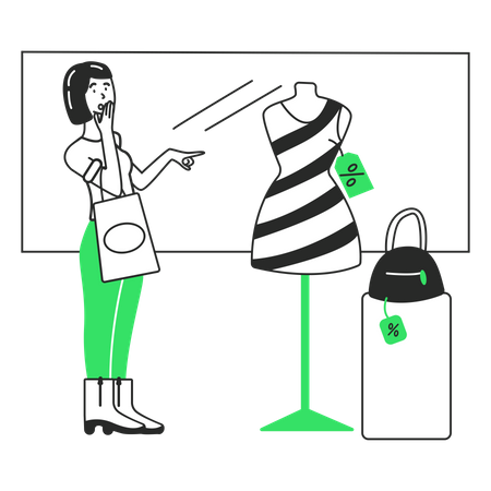 Girl is surprised by the discounts on clothes Illustration