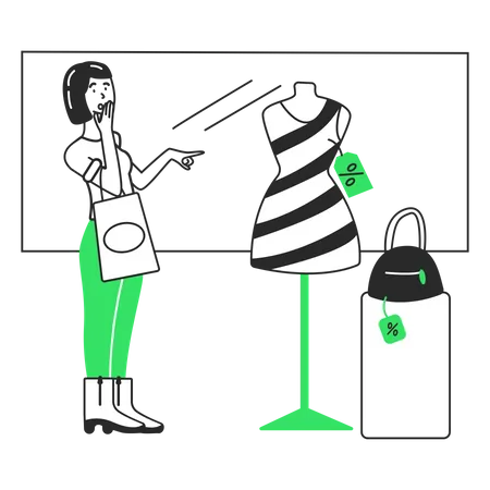 Girl is surprised by the discounts on clothes  Illustration