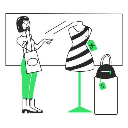 Girl is surprised by the discounts on clothes  Illustration