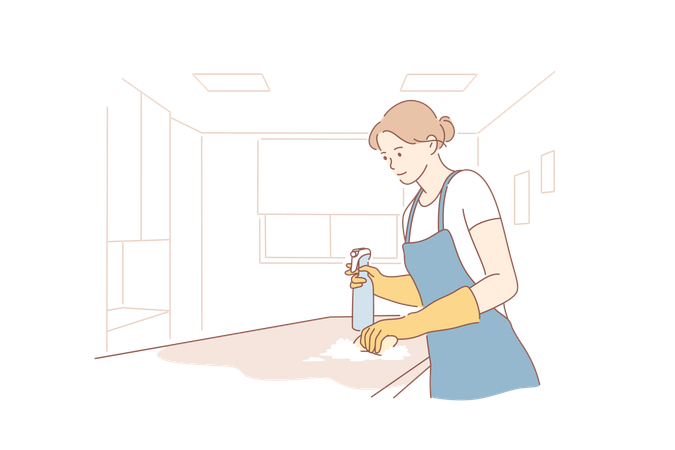Girl is sweeping kitchen platform  Illustration
