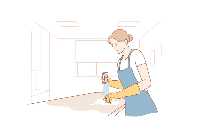 Girl is sweeping kitchen platform  Illustration