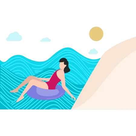 The Girl Is Swimming In Beach River Illustration