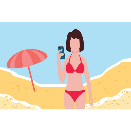 Girl is taking a selfie on the beach  Illustration