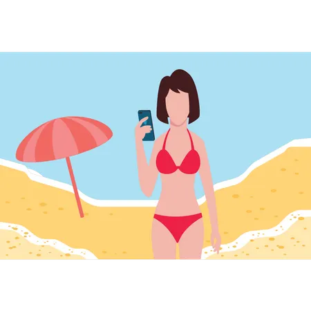 A Girl Is Taking A Selfie On The Beach Illustration