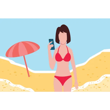 Girl is taking a selfie on the beach  Illustration