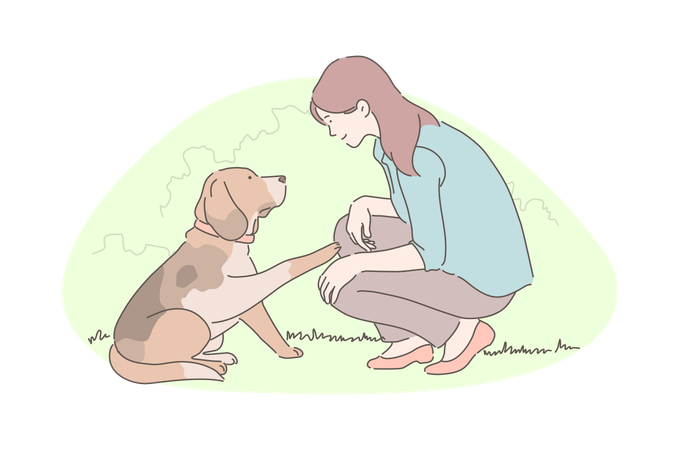 Girl is taking care of her dog  イラスト