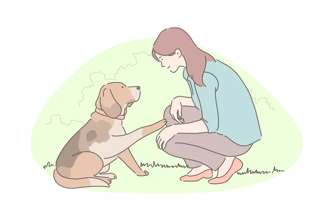 Dog Training Animal Adoption Charity Activity Concept Smiling Owner Teaching Pet Commands Cute Little Puppy Gives Paw Young Woman And Adorable Cub Playing Together Outdoors Simple Flat Vector Illustration