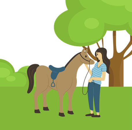 Girl is taking care of her horse  Illustration