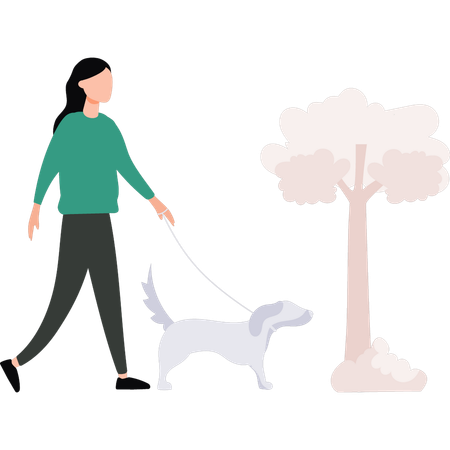 Girl is taking her dog for a walk  Illustration