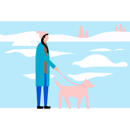 Girl is taking her pet for a walk  Illustration
