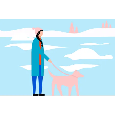 Girl Is Taking Her Pet For A Walk Illustration