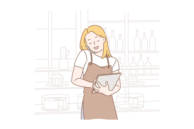 Order Food Online Concept Young Happy Businesswoman Takes An Order From A Customer Or Makes An Order From A Supplier Start Of Working Day Simple Flat Vector Illustration