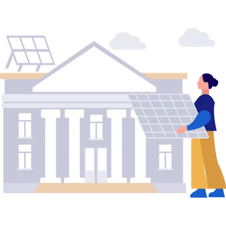 The Girl Is Taking The Solar Panel To The Home Illustration