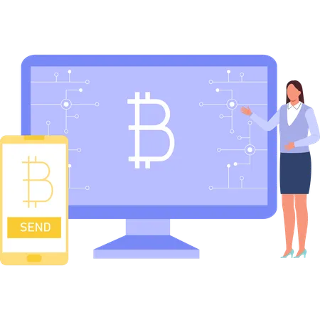 Girl is talking about bitcoin on the screen  Illustration