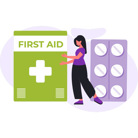 Girl is talking about first aid kit medicine  Illustration