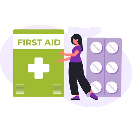 Girl is talking about first aid kit medicine  Illustration