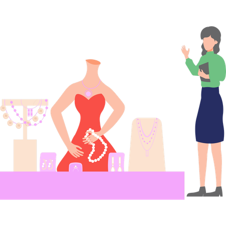 Girl is talking about jewelry in a shop  Illustration