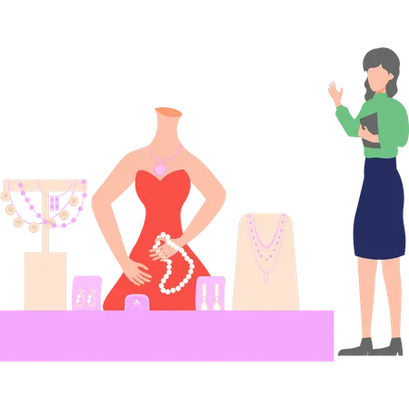 Girl is talking about jewelry in a shop  Illustration