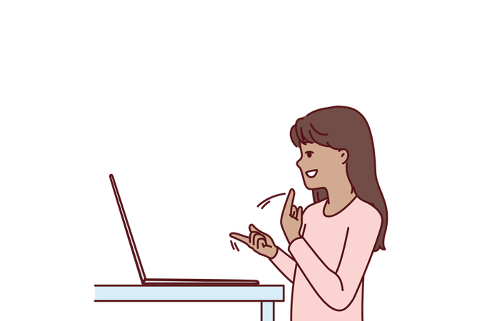 Girl is talking in sign language on laptop  Illustration
