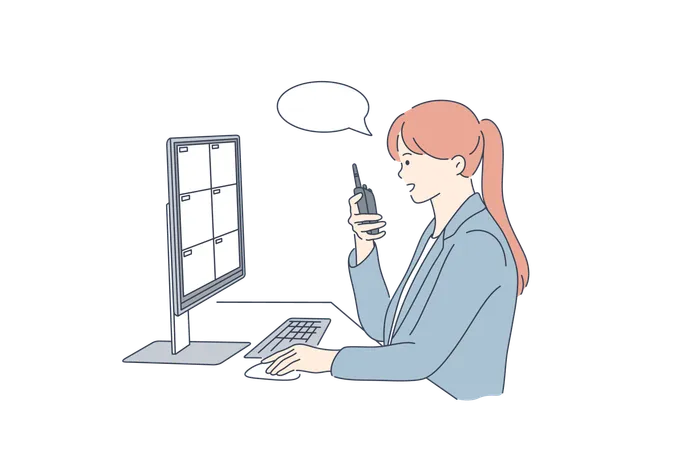 Security Surveillance Safety Concept Young Woman Or Girl Safeguard Operator Cartoon Character Sitting At Computer Display Workplace With Portable Transmitter Video Observation And Safety Provision Illustration