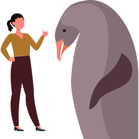 Girl is talking with penguin  イラスト