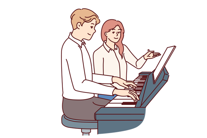 Girl is teaching piano to man  Illustration