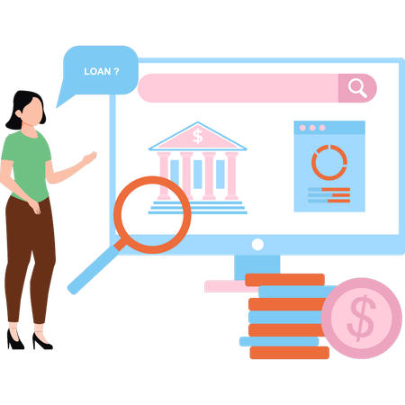 Girl is telling about loan on the monitor  Illustration