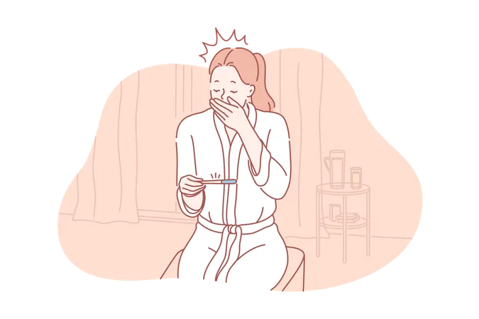 Test Pregnancy Surprise Concept Young Woman In Bathrobe Is Happy To Conceive And Become Mother Girl Is Surprised Confused Or Shocked By Positive Result Of Pregnancy Test Simple Flat Vector Illustration