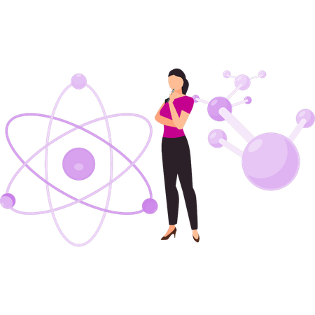 Girl is thinking about atomic molecules  イラスト
