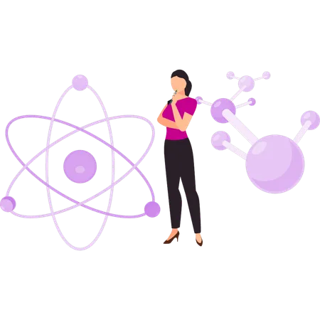 Girl is thinking about atomic molecules  イラスト