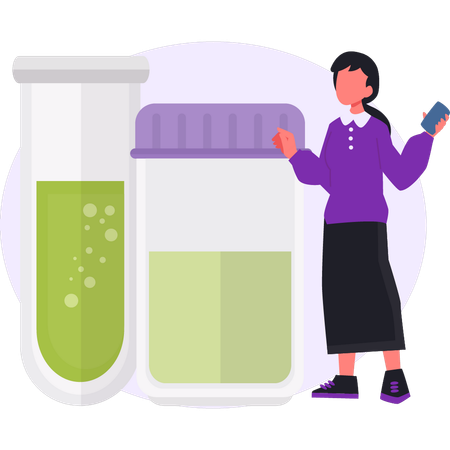 Girl is thinking about chemical bottle  Illustration