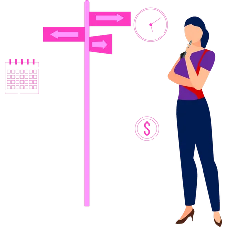 Woman thinking about direction boards  Illustration